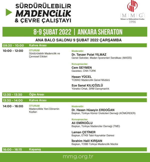 Sürdürülebilir Madencilik ve Çevre Çalıştayı 9 Şubat programı