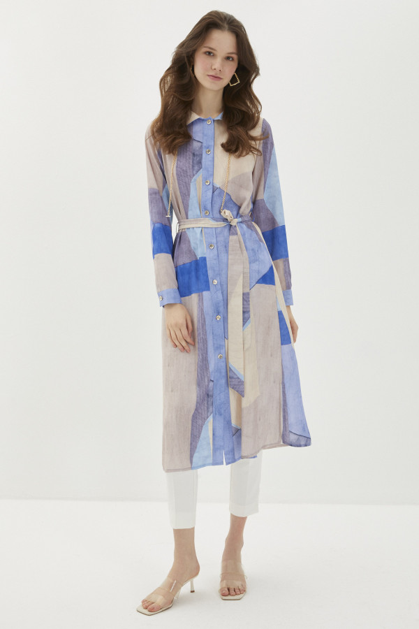 Zühre desenli mavi şifon tunik