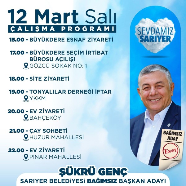 12 MART SALI ÇALIŞMA PROGRAMI
